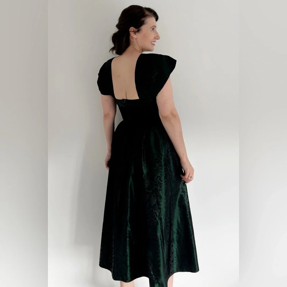 Vintage Laura Ashley Green Velvet Floral Taffeta Midi Dress Gown 8 - Picture 2 of 16